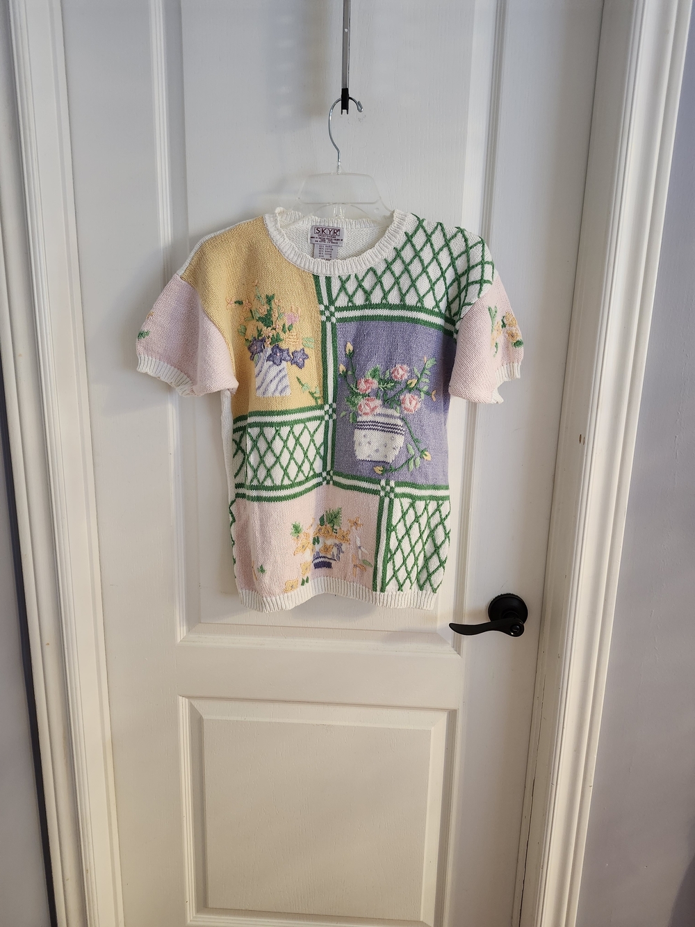 Vintage Pastel Floral Patchwork Short-Sleeve Sweater - Pastel Multi